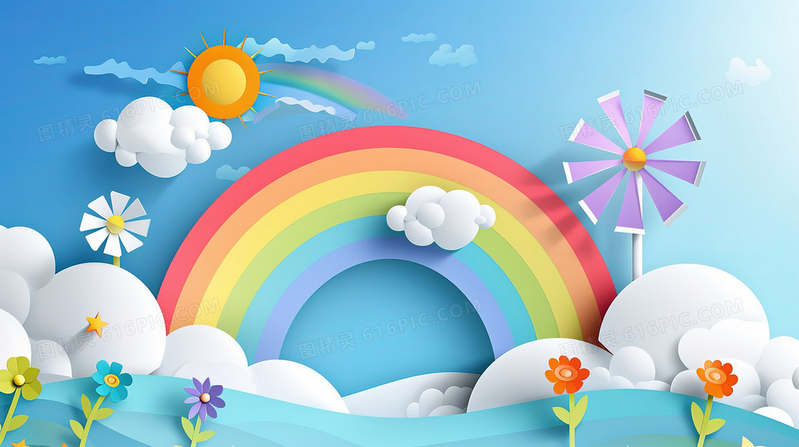 61剪纸风唯美彩虹蓝天白云插画