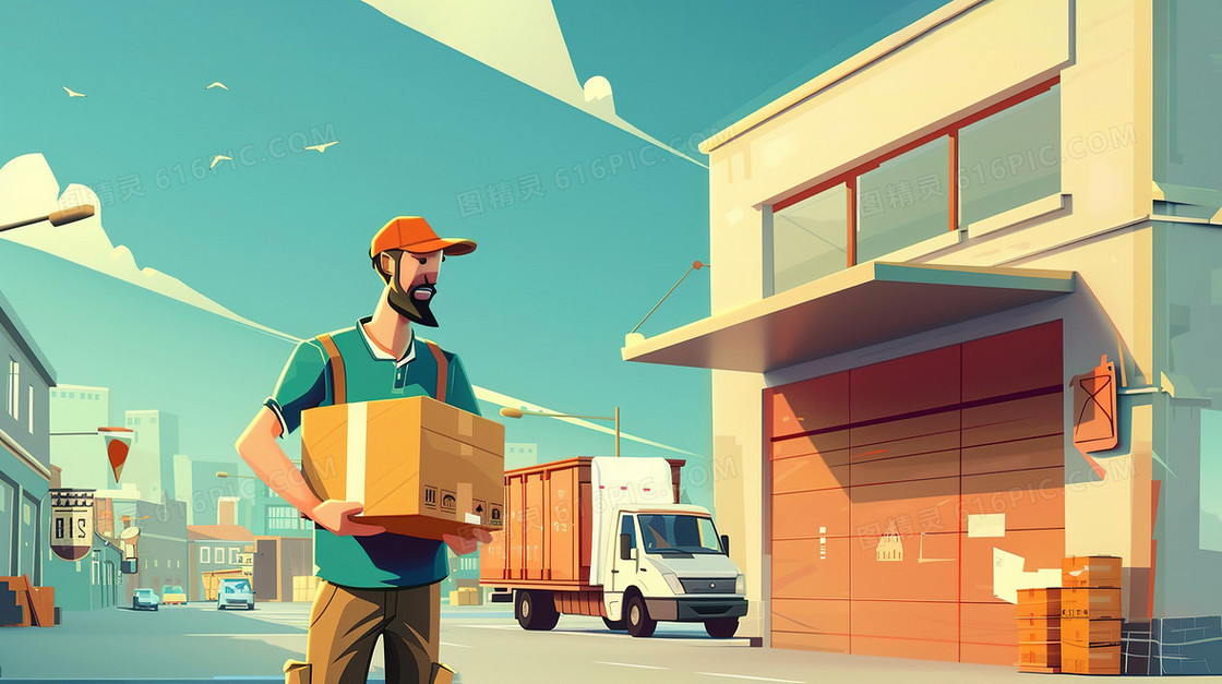 辛勤劳动的青年快递员送货插画