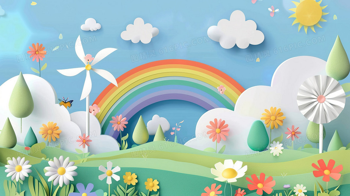 61剪纸风唯美彩虹蓝天白云插画