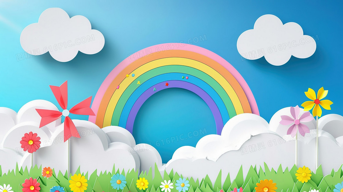 61剪纸风唯美彩虹蓝天白云插画
