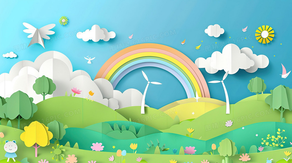 61剪纸风唯美彩虹蓝天白云插画