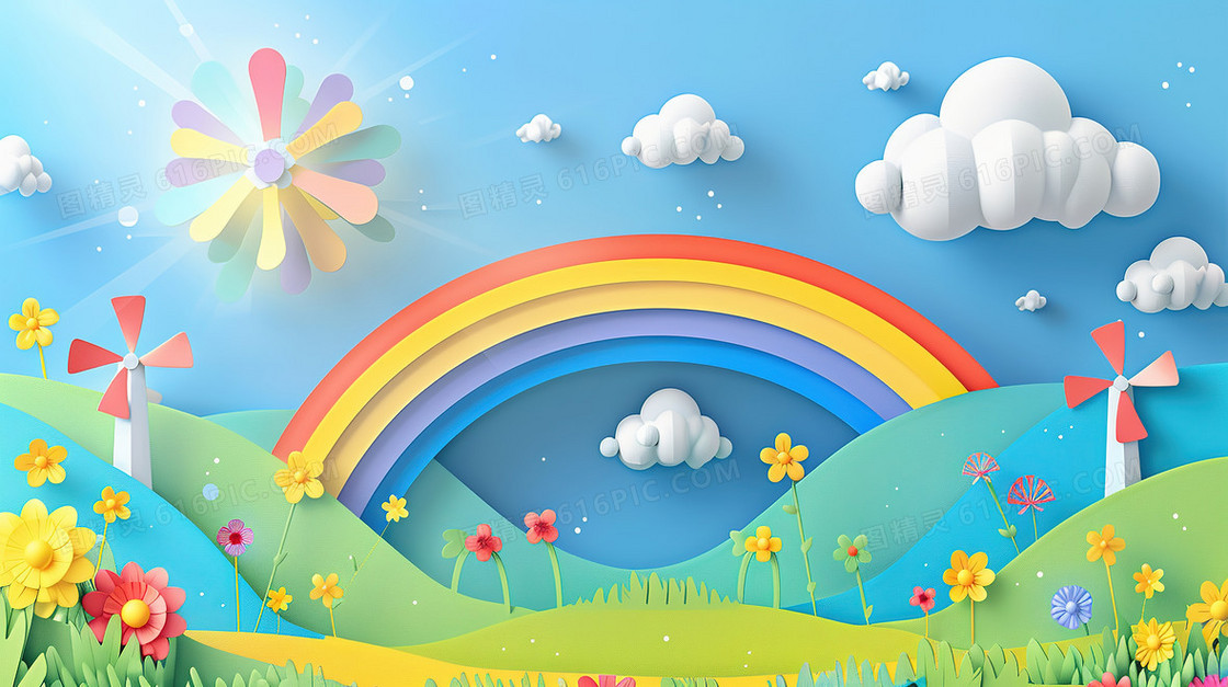 61剪纸风唯美彩虹蓝天白云插画