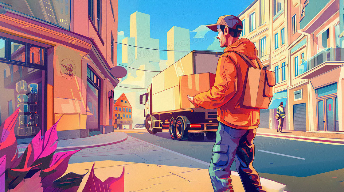 辛勤劳动的青年快递员送货插画