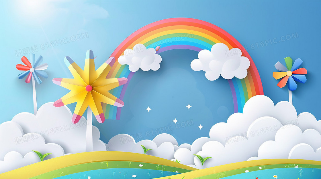 61剪纸风唯美彩虹蓝天白云插画
