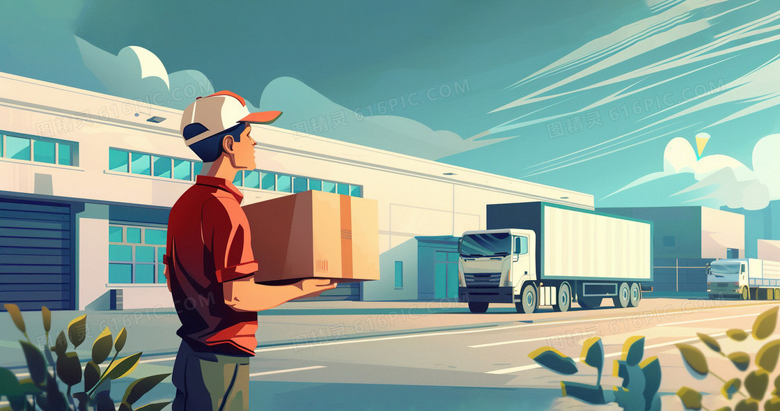辛勤劳动的青年快递员送货插画