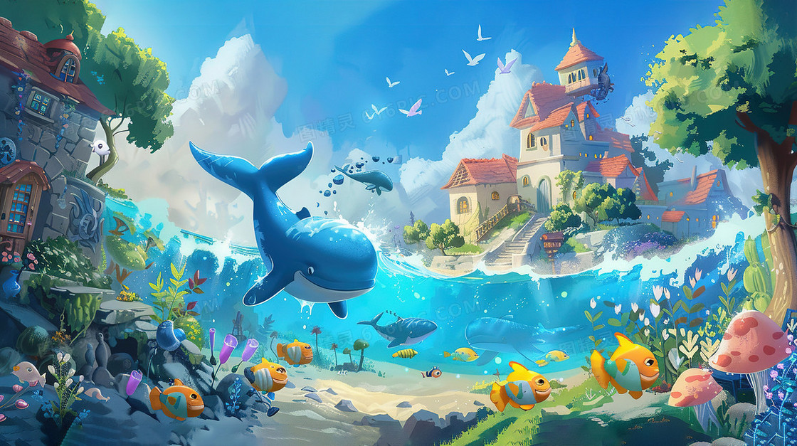 绿化环保海洋海豚海底世界插画