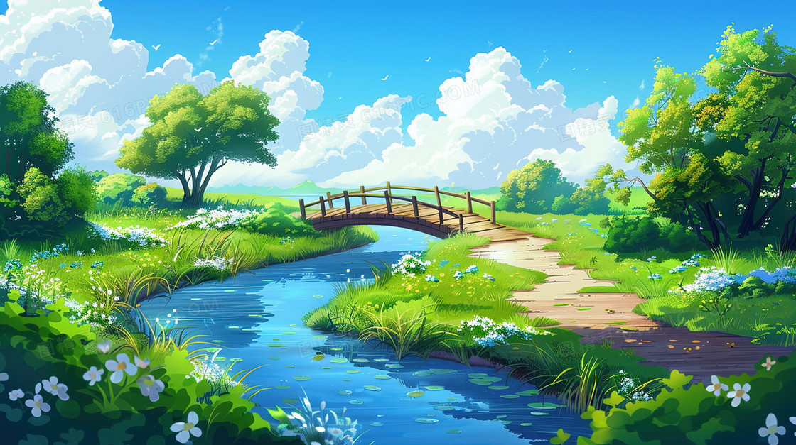 春分卡通蓝天森林拱桥小溪插画