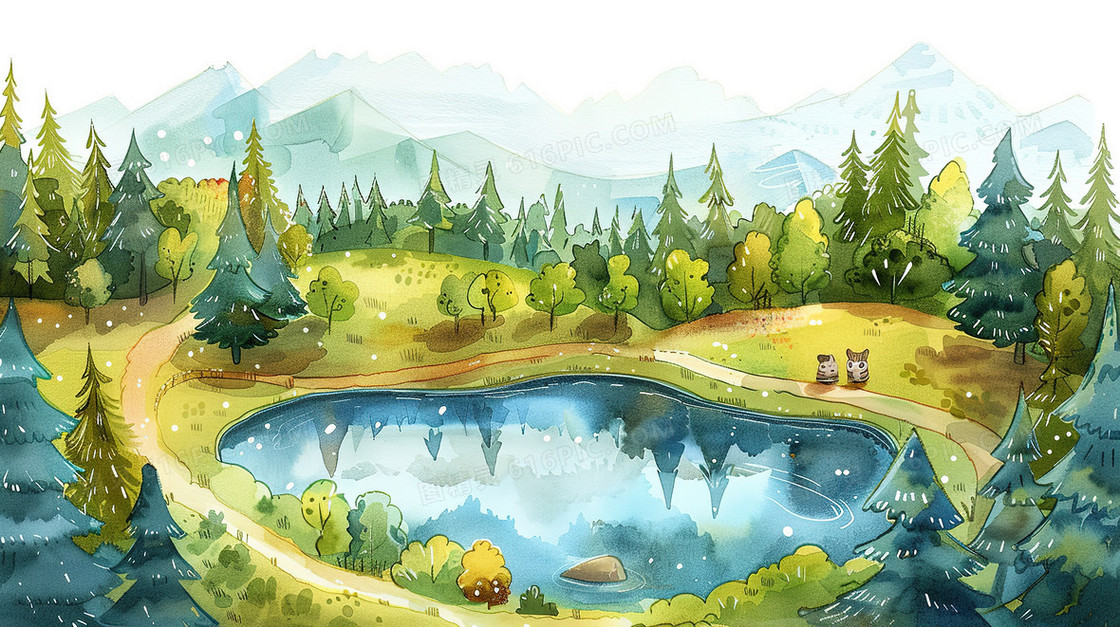 春分唯美水彩风森林小河插画