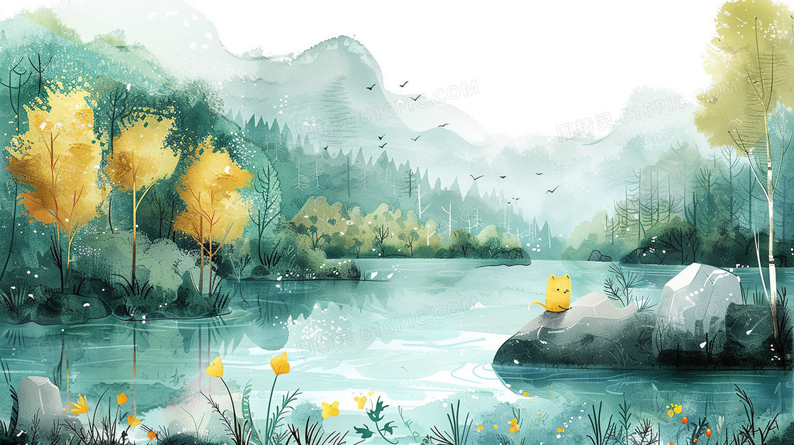 春分唯美水彩风森林小河插画