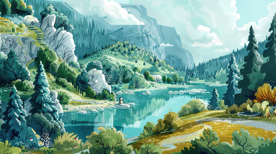 春分唯美水彩风森林小河插画