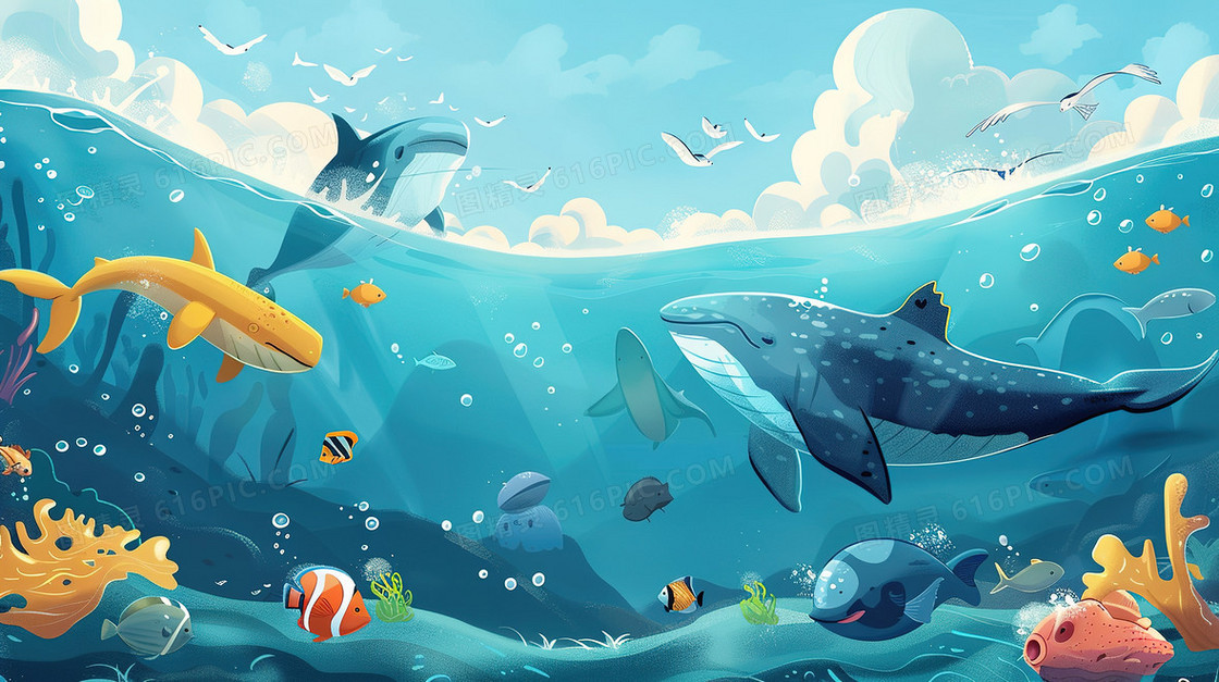 绿化环保海洋海豚海底世界插画