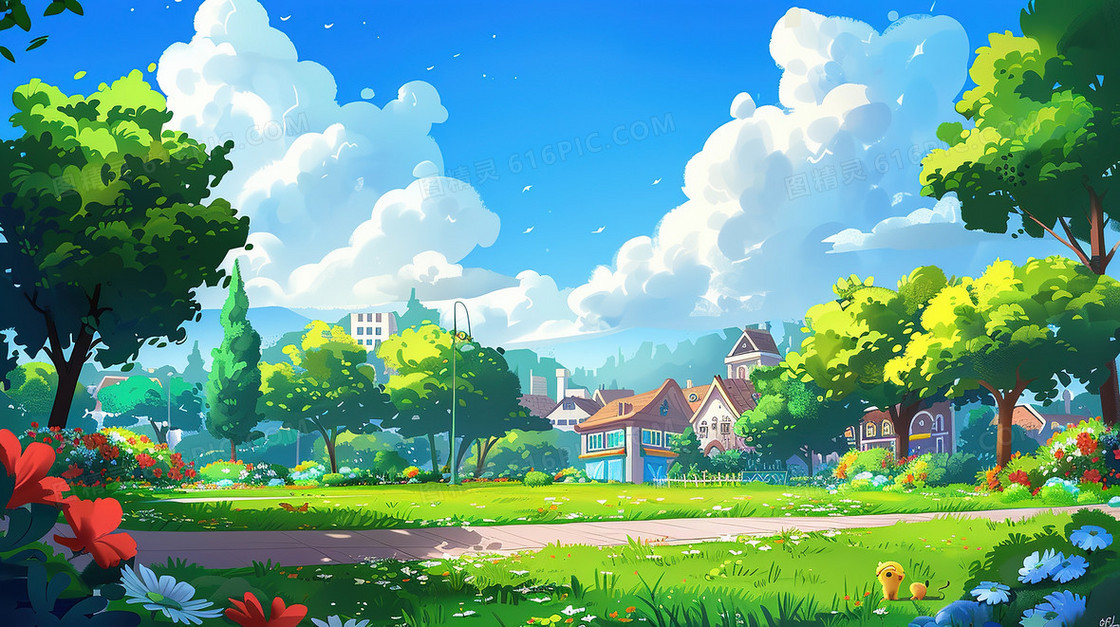 春分卡通蓝天白云森林草地插画