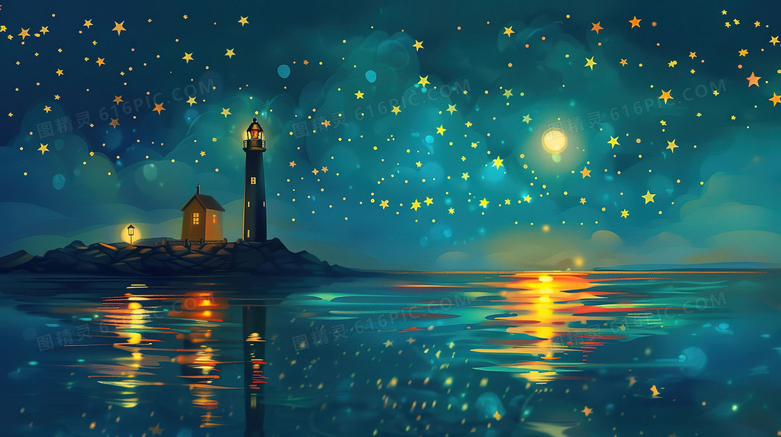 夜晚唯美海面灯塔风景插画