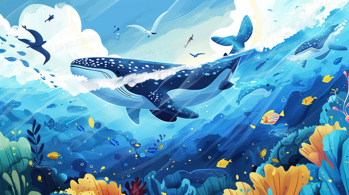 绿化环保海洋海豚海底世界插画