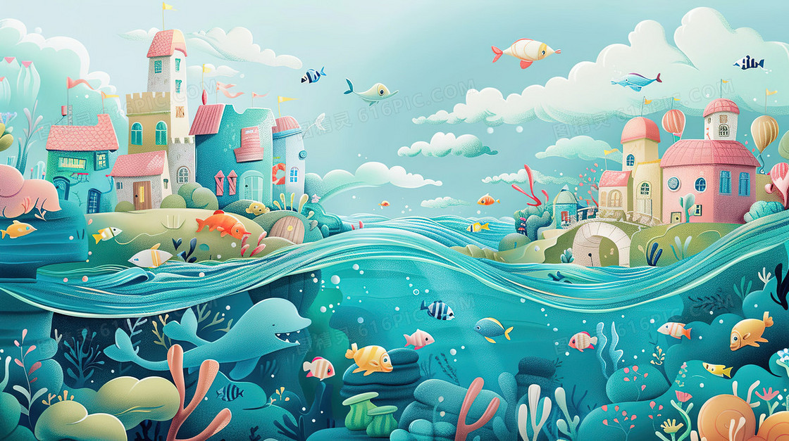 绿化环保海洋海豚海底世界插画