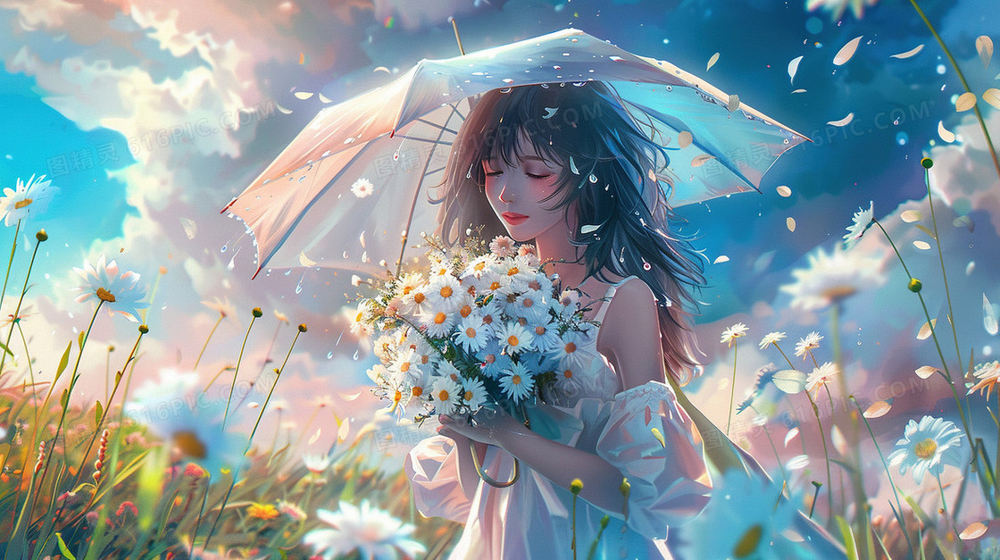 春天抱着小雏菊的女孩插画