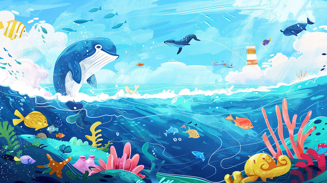 绿化环保海洋海豚海底世界插画