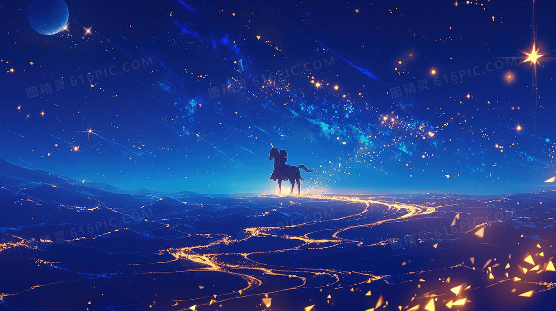 蓝色唯美梦幻星空银河少女插画