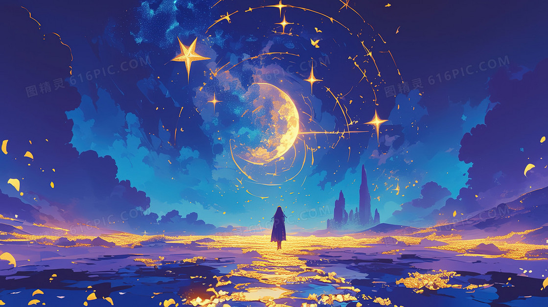 蓝色唯美梦幻星空银河少女插画