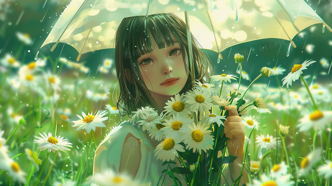 春天抱着小雏菊的女孩插画