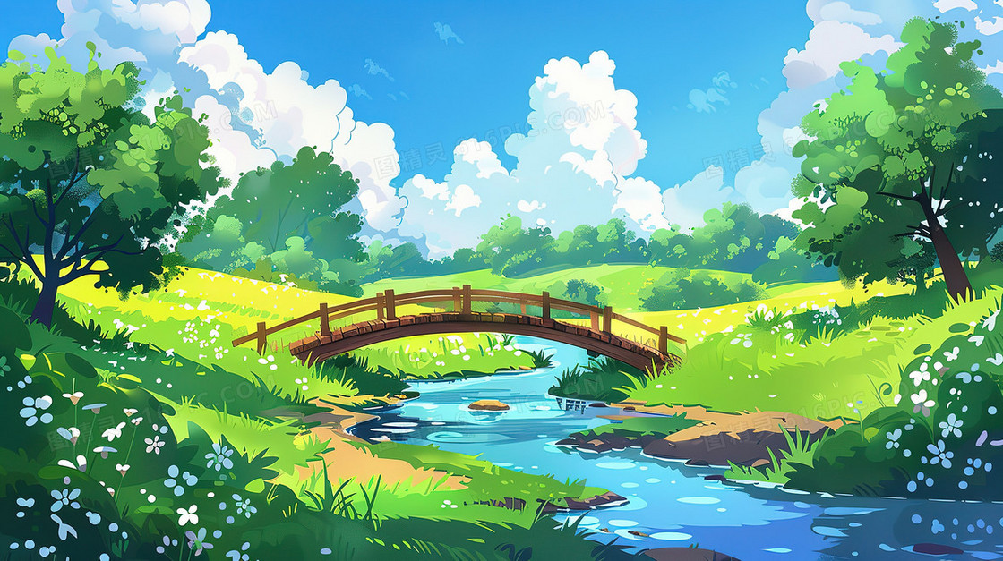 春分卡通蓝天森林拱桥小溪插画
