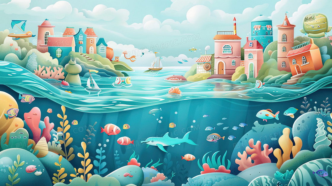 绿化环保海洋海豚海底世界插画