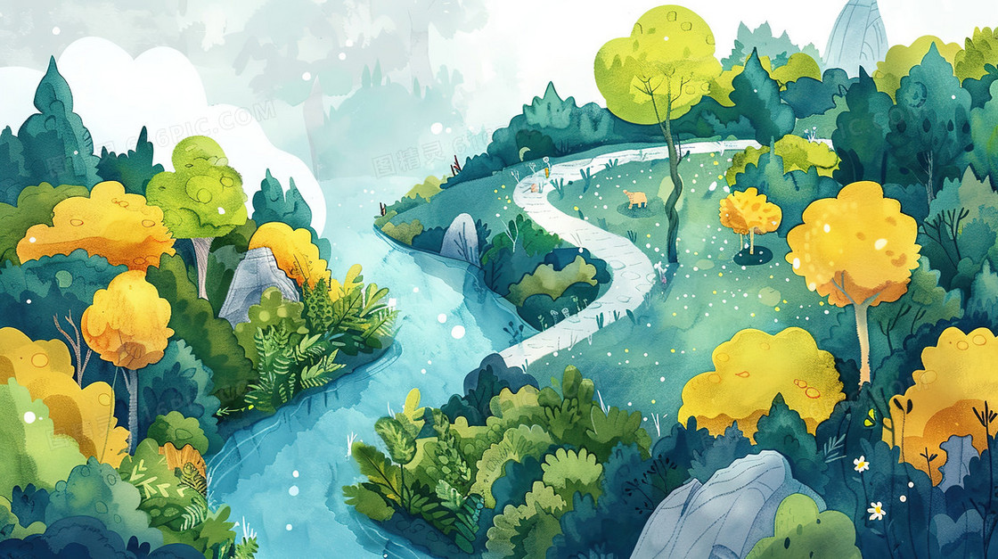 春分唯美水彩风森林小河插画