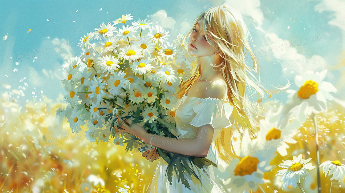 春天抱着小雏菊的女孩插画