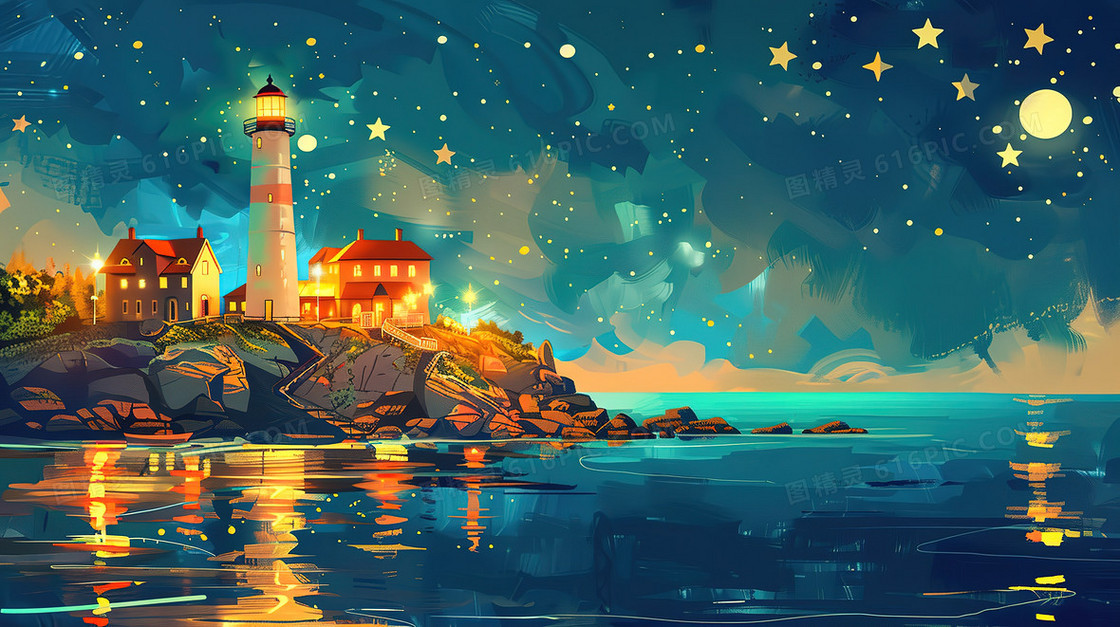 夜晚唯美海面灯塔风景插画