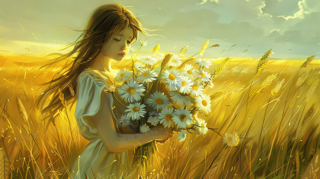 春天抱着小雏菊的女孩插画