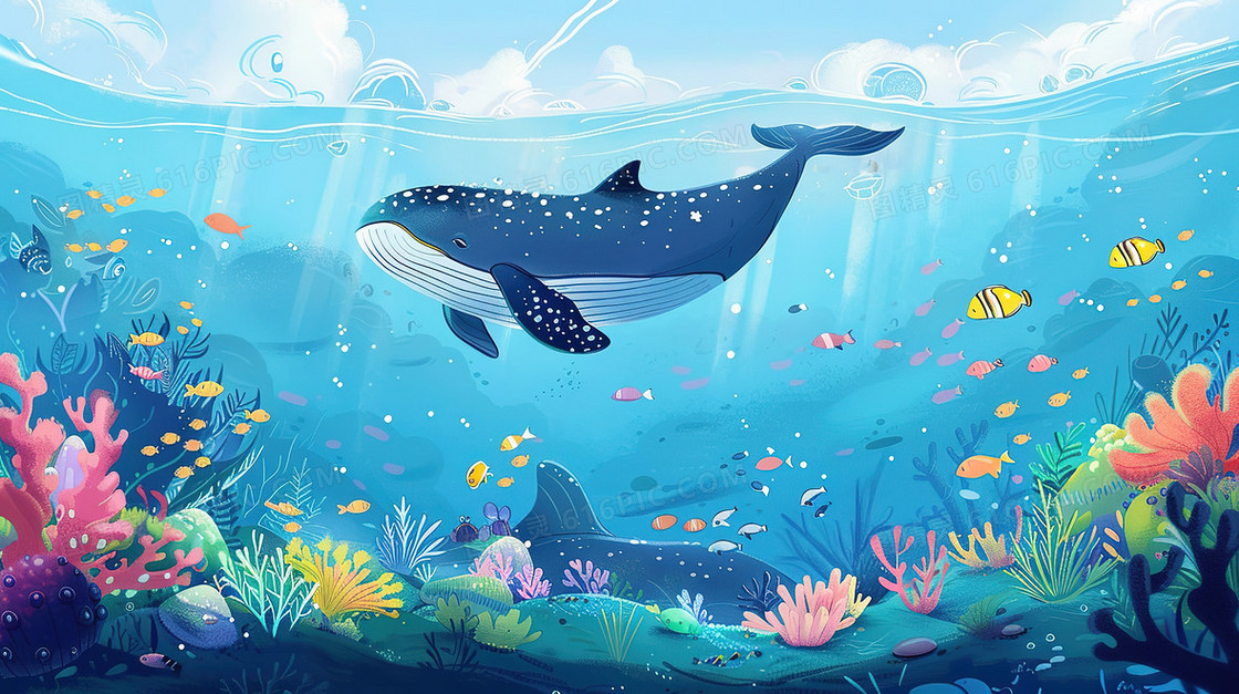 绿化环保海洋海豚海底世界插画