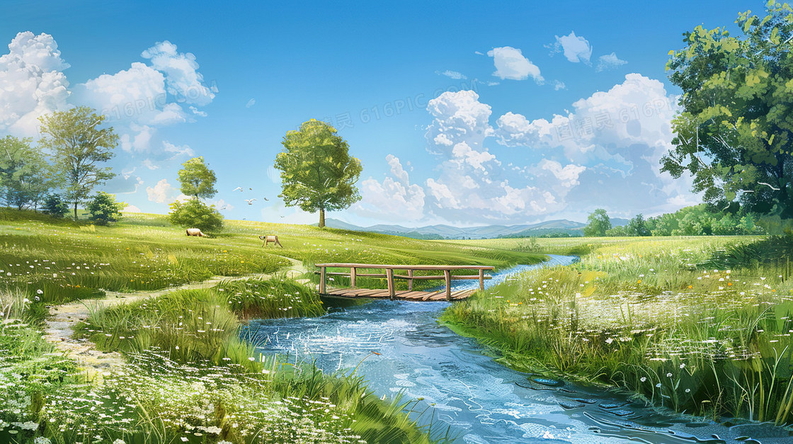 春分卡通蓝天森林拱桥小溪插画