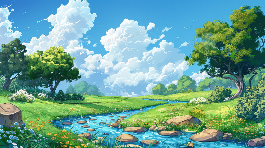 春分卡通蓝天草地森林小溪插画