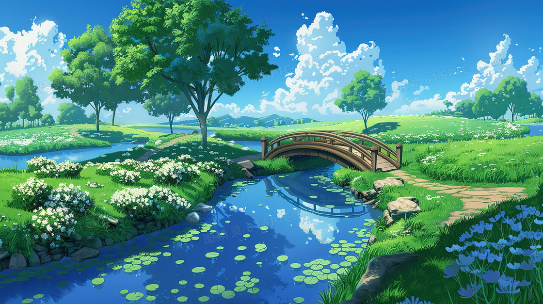 春分卡通蓝天森林拱桥小溪插画