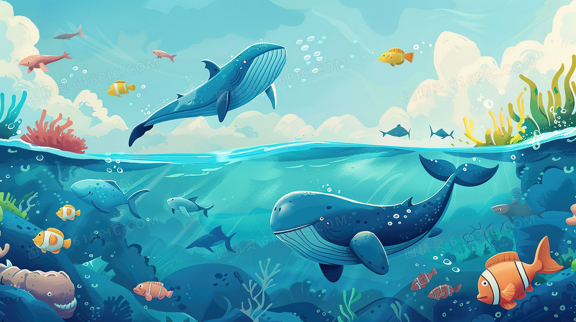 绿化环保海洋海豚海底世界插画