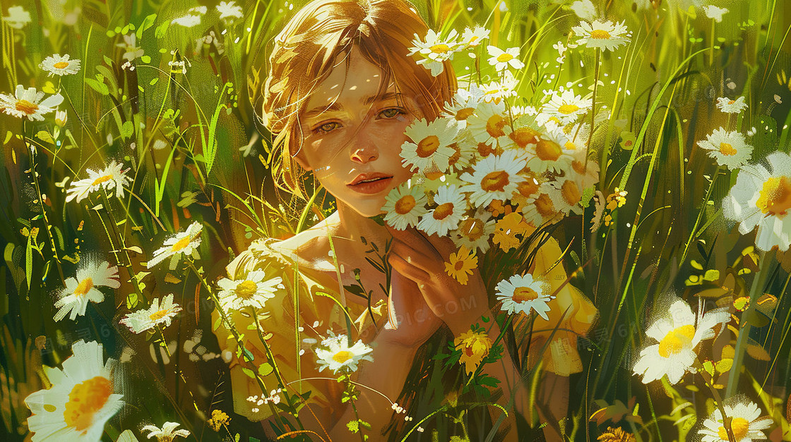 春天抱着小雏菊的女孩插画