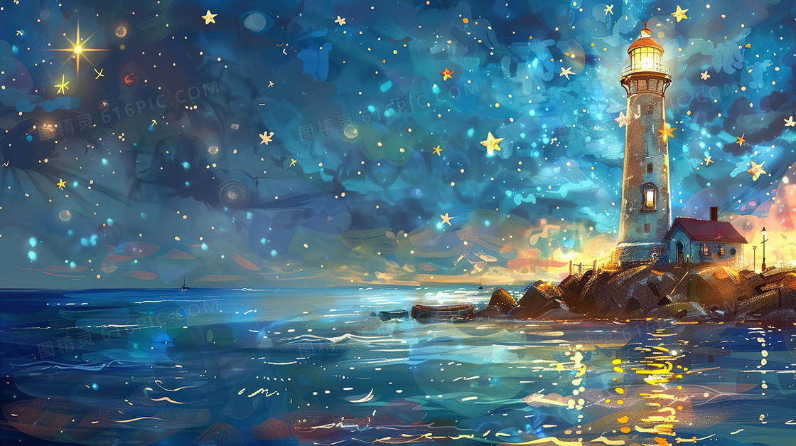 夜晚唯美海面灯塔风景插画