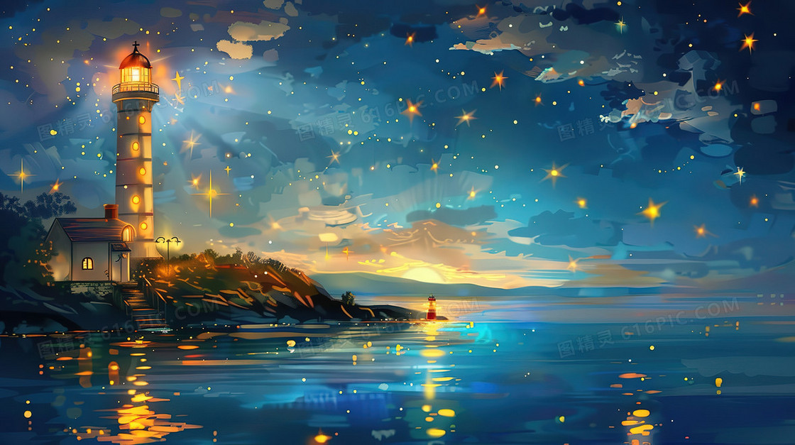 夜晚唯美海面灯塔风景插画