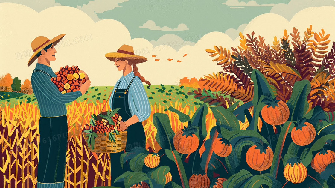 秋季大丰收的劳动农民插画