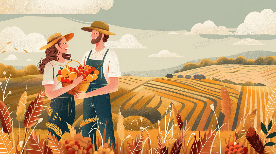 秋季大丰收的劳动农民插画