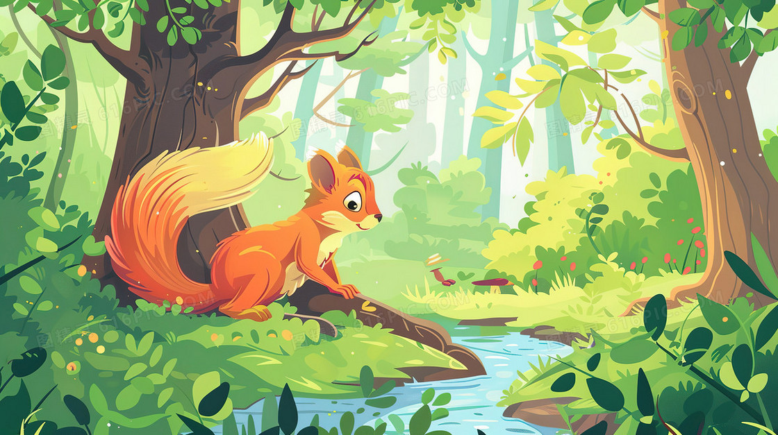 立夏森林中的小松鼠插画