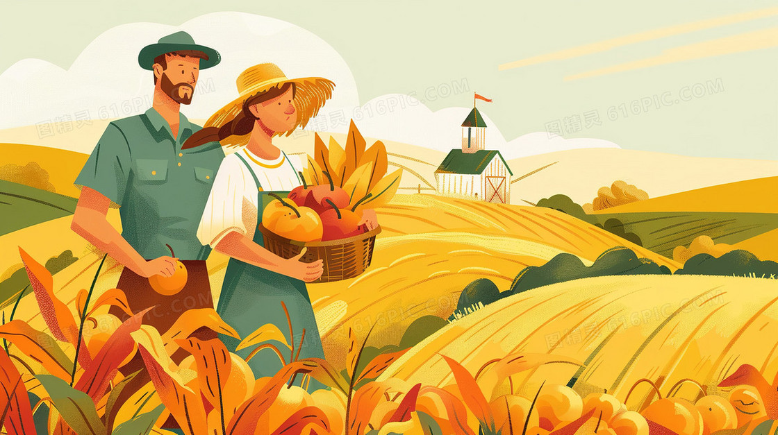 秋季大丰收的劳动农民插画
