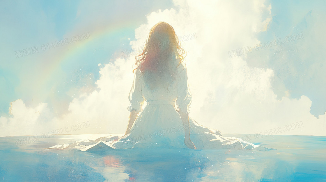 梦幻唯美天空下美丽的少女插画