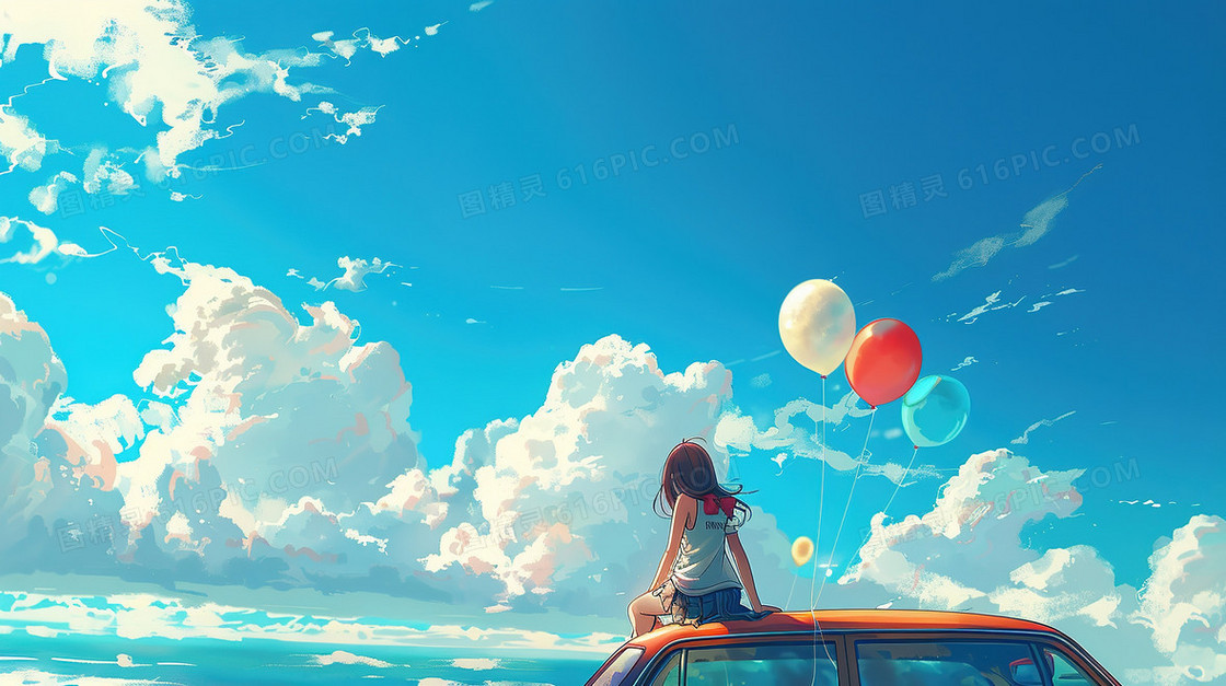 小女孩拿着气球在车顶上看海插画