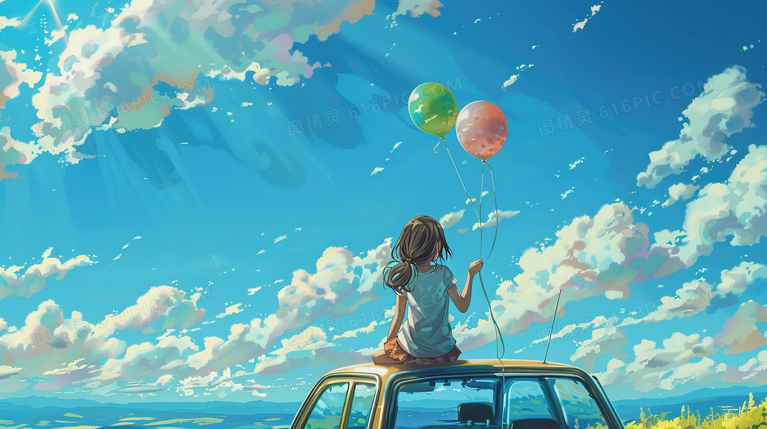 小女孩拿着气球在车顶上看海插画