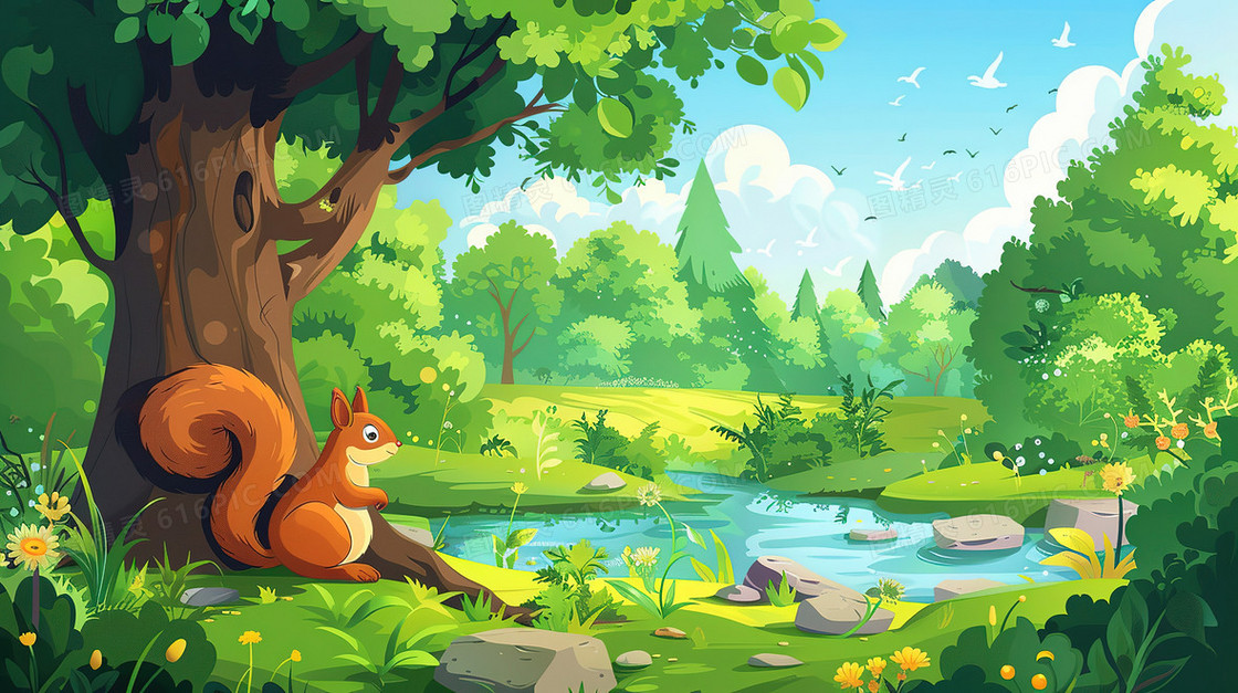 立夏森林中的小松鼠插画