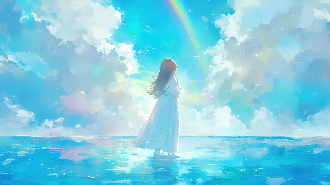 梦幻唯美天空下美丽的少女插画