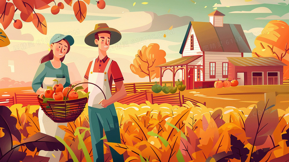 秋季大丰收的劳动农民插画