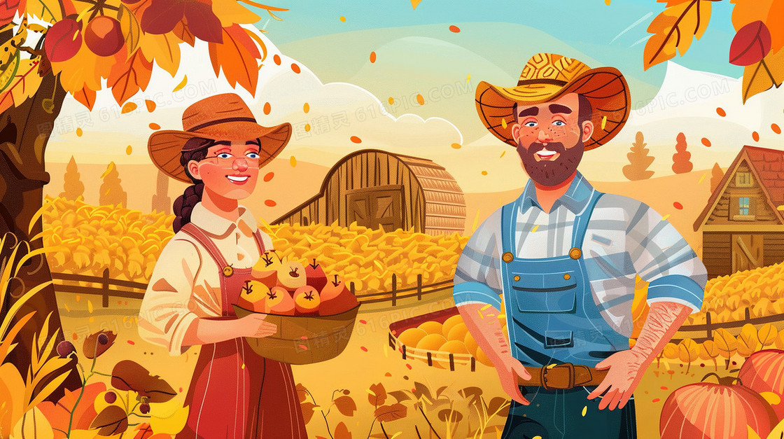 秋季大丰收的劳动农民插画