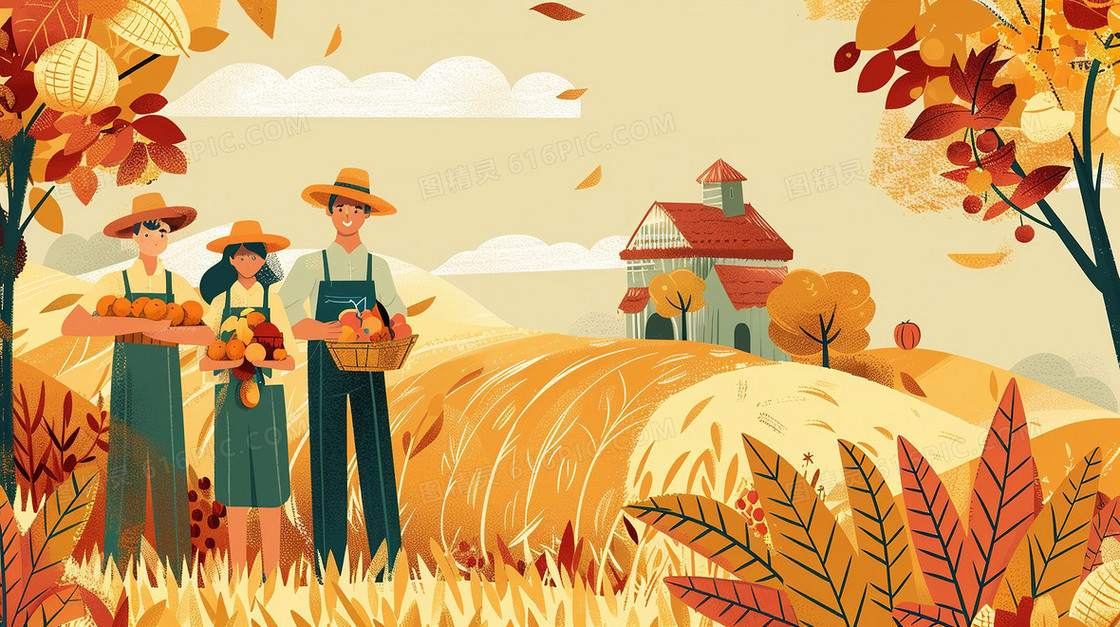 秋季大丰收的劳动农民插画